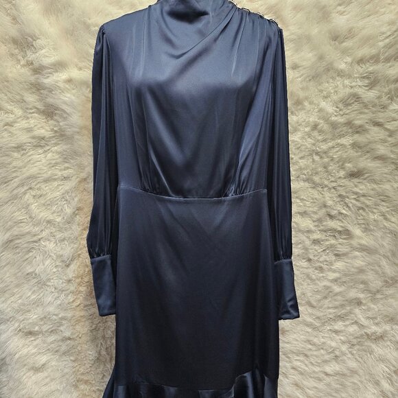 Melanie Lyne Women's Navy Satin Gem Detail Long Sleeves Dress Size 12 - Picture 1 of 10